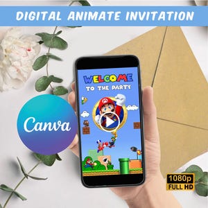 Invito video di compleanno di Super Mario, invito video di Mario, invito di Mario, invito video digitale, invito animato, invito di Mario