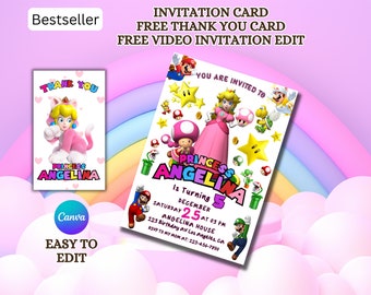 Princess Peach Invitation, Super Mario, Princess Birthday Invite, invitation video, Peach Party Invitation, Canva Template, invitation card