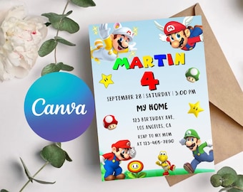 Zaproszenie urodzinowe Super Mario: edytowalny szablon Canva (plik cyfrowy)