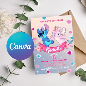 Stitch Birthday Invitation, Lilo and Stitch Invitation, Stitch and Angel Birthday Invitation, Editable in Canva,  Printable Template
