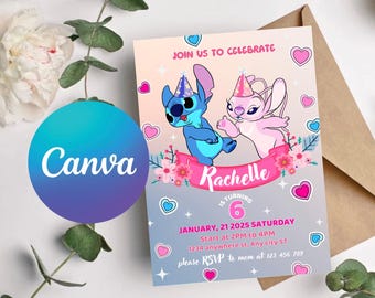 Zaproszenie urodzinowe Stitch: Lilo i Anioł, edytowalny szablon Canva (do druku)