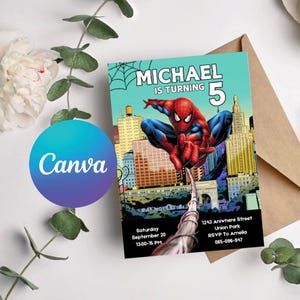 スパイダーマン招待状、子供の誕生日カード、デジタルダウンロード、編集可能なテンプレート、スパイダーマン男の子の誕生日パーティーデジタル招待状、誕生日