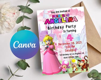Princess Peach Birthday Invitation: Super Mario Party, Canva Template (Digital Download)