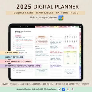 May include: A digital planner for 2025 with a rainbow theme. The planner is designed for use on an iPad or tablet and includes links to Google Calendar. The planner features a weekly layout with space for daily tasks, notes, and a monthly calendar view. The planner is fully hyperlinked and compatible with Goodnotes, Notability, Xodo, and other note-taking apps.