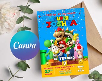 Zaproszenie urodzinowe Super Mario: Edytowalna impreza z grą wideo (szablon Canva)