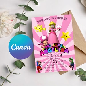 Convite Princesa Peach, Super Mario, Convite de Aniversário Princesa, Download Instantâneo, Convite para Festa Peach, Modelo Canva, cartão de convite