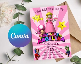 Princess Peach Birthday Invitation: Super Mario Party (Canva Template)