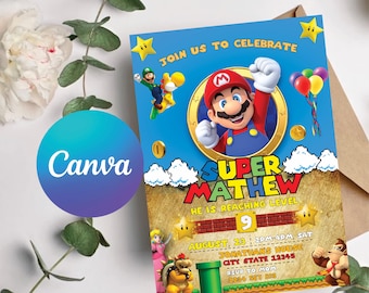 Zaproszenie urodzinowe Super Mario: Edytowalne zaproszenie do gry wideo (Canva)