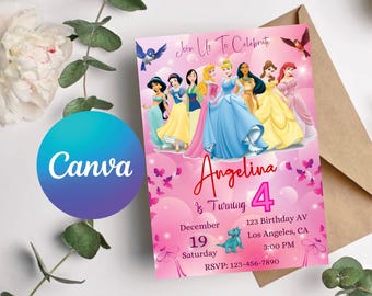 Princess Birthday Invitation Template: Girls Kids Party (Canva, Digital Download)