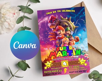 Zaproszenie urodzinowe Super Mario: edytowalny szablon Canva (plik cyfrowy)