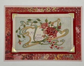Tarjeta de felicitación de mejores deseos, tarjeta hecha a mano usando una postal vintage original, tarjeta de felicitación floral, postal de principios de 1900