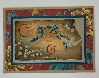 Tarjeta de boda antigua, tarjeta hecha a mano con una postal vintage original de 1912, tarjeta de boda o compromiso única