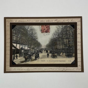 Tarjeta de felicitación hecha a mano, tarjeta que incorpora una postal francesa vintage, Grands Boulevards de Paris