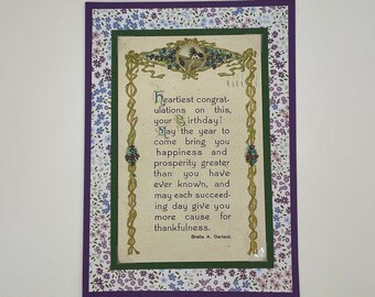 Unique old-fashioned birthday card, card made using an original vintage postcard, WWW1 era paper ephemera