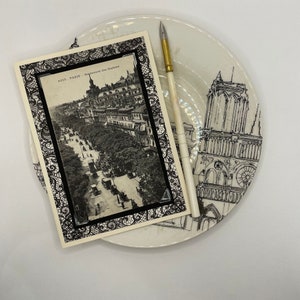 Old-fashioned greeting card handmade with an original vintage French postcard from the early 1900s, the grand boulevards of Paris