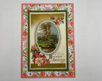 Birthday greeting card, upcycled vintage postcard, handmade cards, birthday card for her, turn of the century birthday card