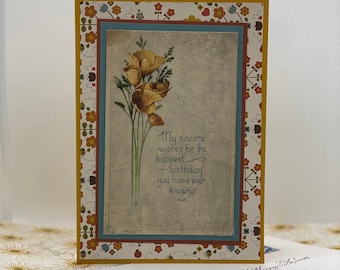 Floral birthday card, Upcycled vintage postcard, 1900s ephemera, birthday card for her, greeting card with flowers