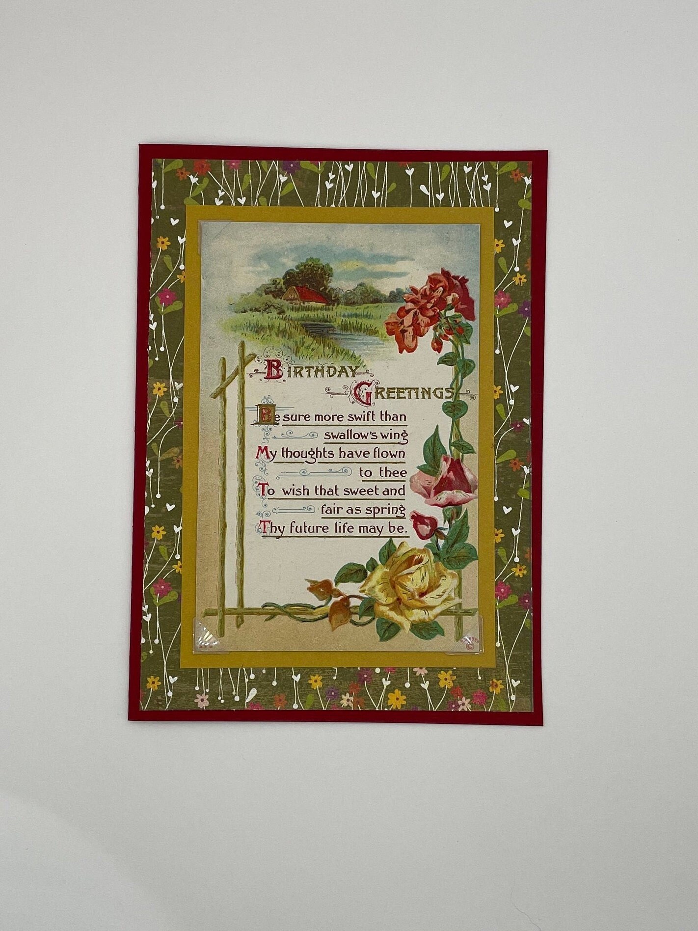 Unique birthday card made with an original vintage postcard from 1911, old-fashioned birthday card, Edwardian era card