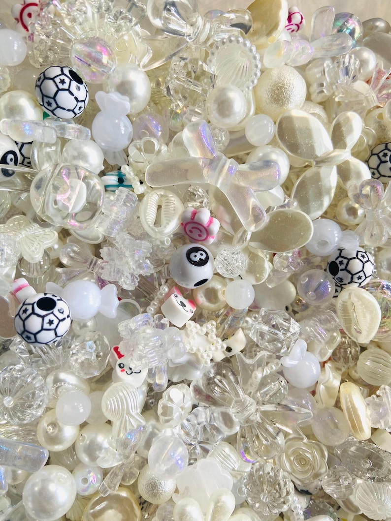 Kandi Bead Mix, Rainbow Bead Soup Y2K 90s Kawaii Beads for Bracelets (100pc+) White