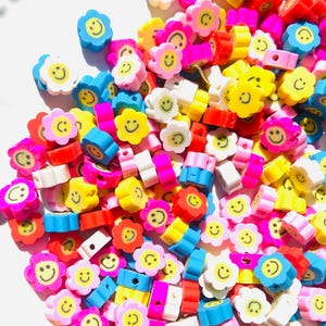 Flower Smiley Polymer Clay Beads, Multicolor Smiley beads, 10mm, 90s Y2K Kandi bead, Craft supplies, Bracelet diy beads, A05
