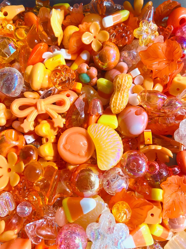 Kandi Bead Mix, Rainbow Bead Soup Y2K 90s Kawaii Beads for Bracelets (100pc+) Orange