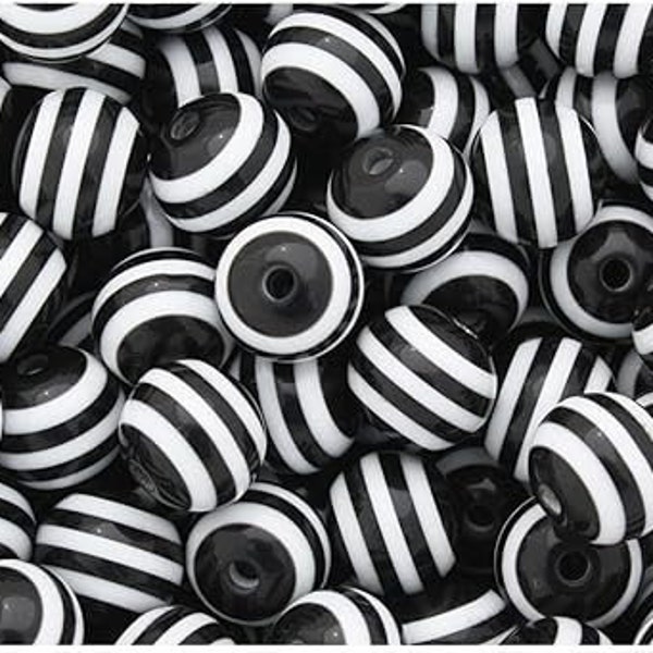 12mm Black and White Striped Round Beads, Resin black and White Beads for Bracelet, Striped Beads for Necklace Earrings, Halloween beads #89