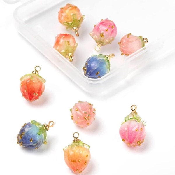 Resin Strawberry Real Flower Charm, Pink Orange Blue Hot Pink Flower Charms 15mmx10mmx10mm. Jewelry Making Charms
