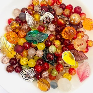 May include: A collection of fall-themed beads in various colors, including red, orange, yellow, green, and brown. The beads are made of glass and plastic and feature different shapes, such as leaves, pumpkins, and flowers. There are also some silver charms in the mix.