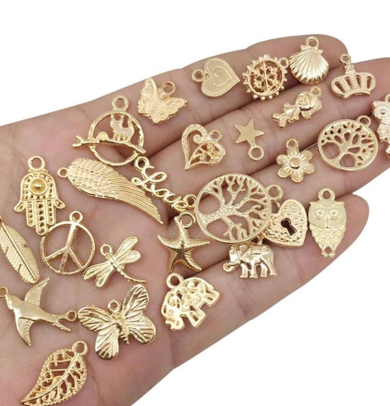 Gold enamel charms random mix, multicolor gold charms, kc gold charms, silver charms, jewelry making, diy craft supplies