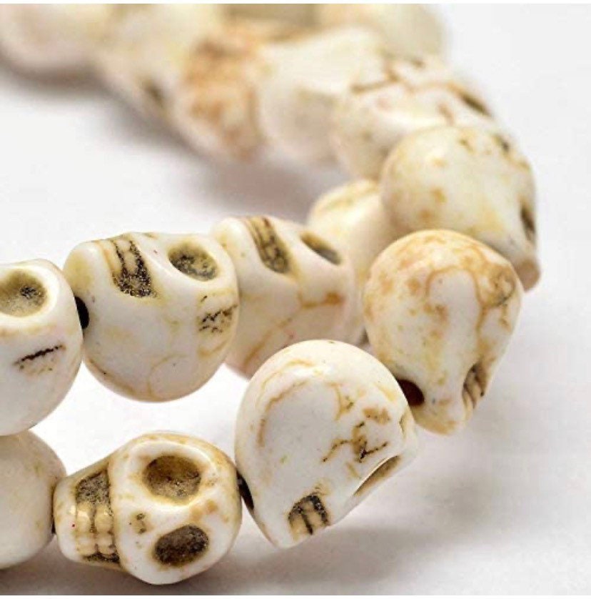 SeedBeadExplosion Skull Beads Bone White Aged Antiqued Pony Beads Made in USA (B07585)