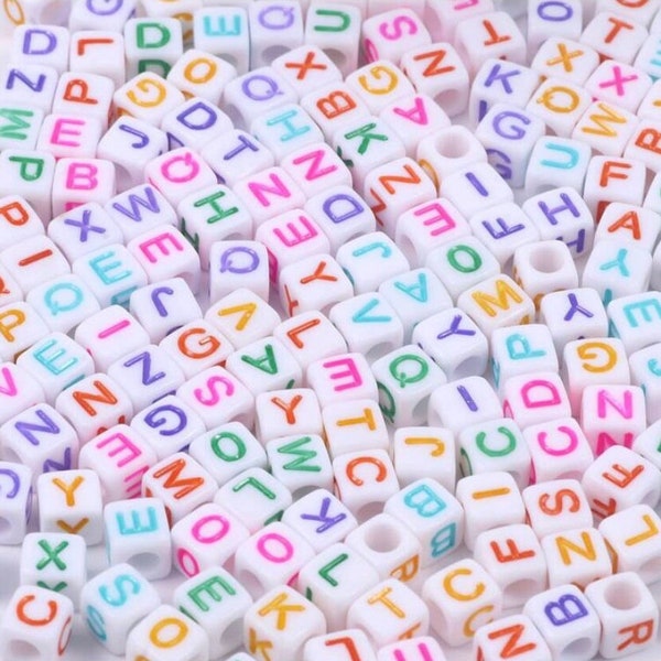 100pcs Cube letter beads, 6mm, Large hole acrylic letter beads multicolor white with multicolor, Kids Bracelet diy letter bead