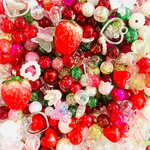 Valentine's Day Gift, Red Green Strawberry bead mix by Scoop, Bead Confetti, Jewelry Making Kandi Bead Mix, Holiday Bead Soup, Heart Charms