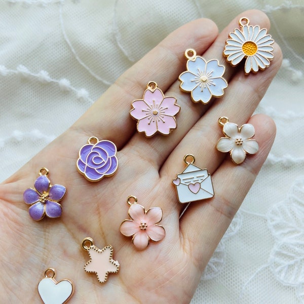 1/10pc Enamel flower charms, Daisy Sakura charms, Heart star charm, Bracelet diy jewelry making charms, diy craft supplies for Bracelets