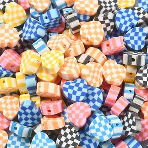 Checkered Heart Polymer Clay Beads Multicolor, 10mm Polymer clay bead, Heart bead, Kawaii bead, Bracelet DIY bead, BFF Bracelets Beads
