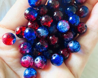 50pcs Patriot Red Blue Two Tone Glass Beads, 8MM, Crackle glass bead, Kandicore beads, Kidcore bead, jewelry making glass beads, GC0