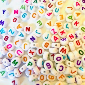 100pcs White Multicolor Letter beads, 7mm acrylic letter beads, Alphabet beads, Acrylic letter beads