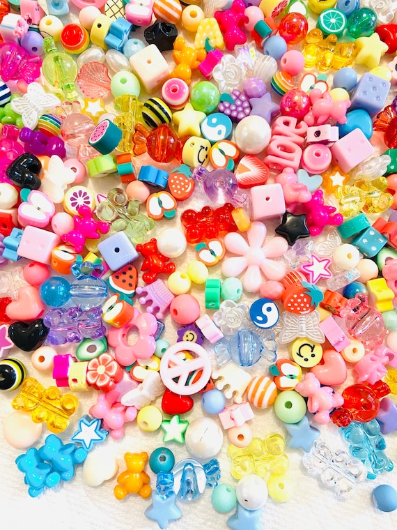 Kandi Bead Mix, Rainbow Bead Soup Y2K 90s Kawaii Beads for Bracelets (100pc+)