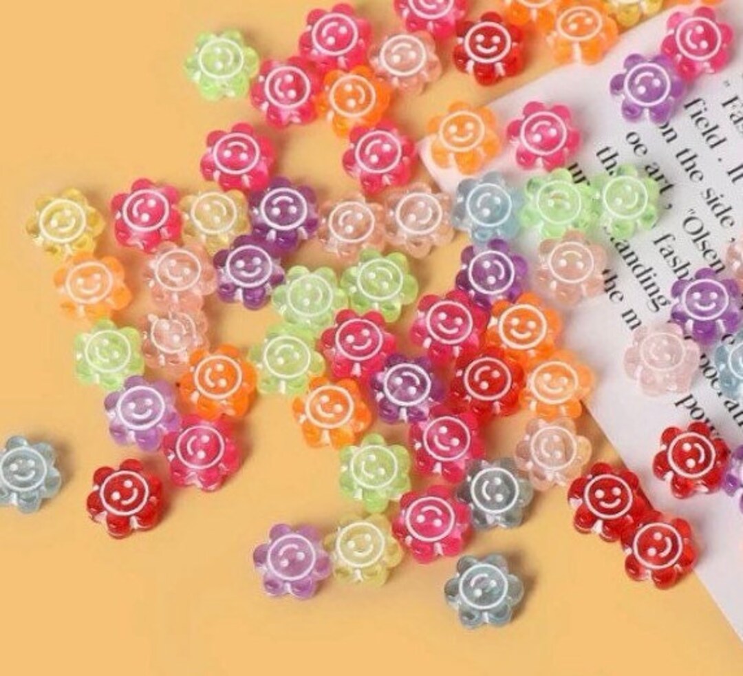 10mm Flower Smiley Face Beads Transparent Resin Beads, Kandi Bead Mix