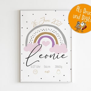 Personalisierte Geburtsplakate für's Kinderzimmer Regenbogen Mädchen