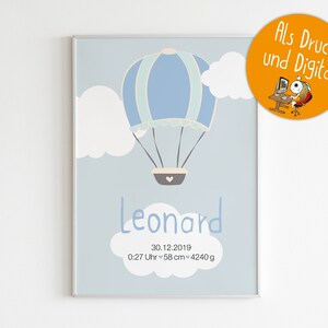 Personalisierte Geburtsplakate für's Kinderzimmer Heißluftballon Jungen