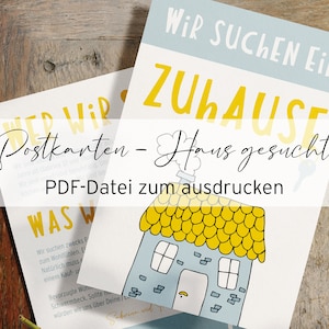 Wir suchen ein Zuhause | Haus gesucht | Karten DIN A6 | Personalisiert | Zum Downoad