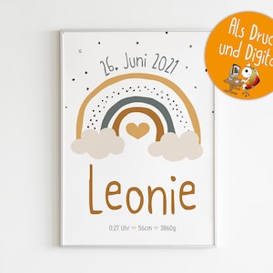 Personalisierte Geburtsplakate für's Kinderzimmer Regenbogen Boho Jungen und Mädchen