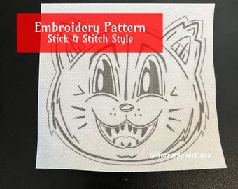 Vintage Cat Halloween Embroidery Pattern - Stick and Stitch style