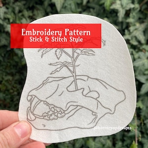 Lion Skull and Plant Sprout Embroidery Pattern - Stick and Stitch style
