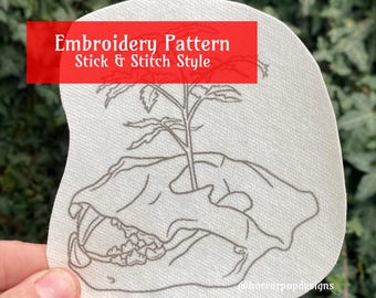 Lion Skull and Plant Sprout Embroidery Pattern - Stick and Stitch style