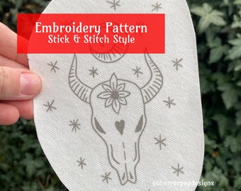 Cow Skull and Flower Embroidery Pattern - Stick and Stitch style
