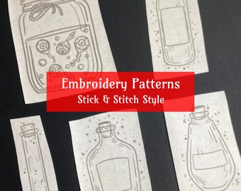 Witchy Bottle Embroidery Patterns bundle - Stick and Stitch style
