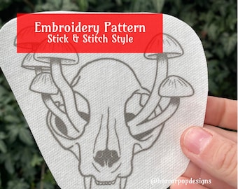 Cat Skull and Mushroom Embroidery Pattern - Stick and Stitch style
