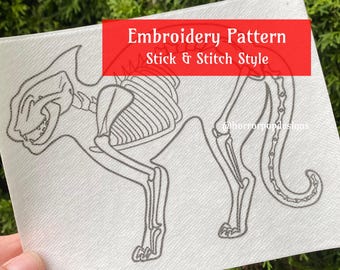 Cat Skeleton Embroidery Pattern - Stick and Stitch style