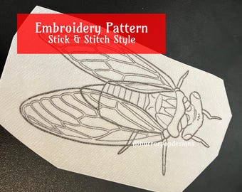 Cicada Embroidery Pattern - Stick and Stitch style